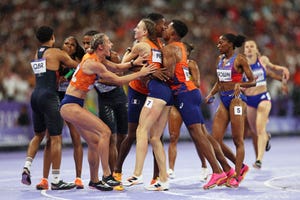 paris, france august 03 eugene omalla, femke bol, lieke klaver and isaya klein ikkink of team netherlands celebrate winning the 4 x 400m relay mixed final on day eight of the olympic games paris 2024 at stade de france