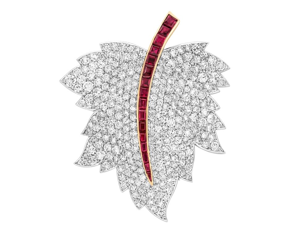 創作於1947年的heritage典藏系列leaf胸針，以鉑金、黃k金、白k金鑲綴紅寶石與鑽石