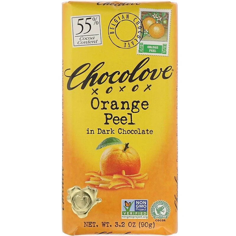 chocolove, orange peel in dark chocolate