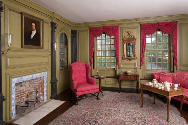 a living room with a fireplace