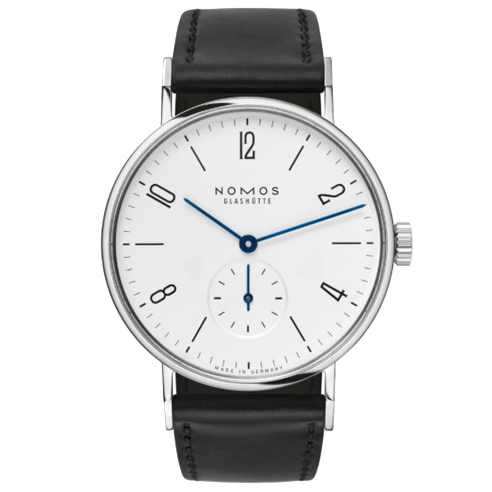 minimalist watch with a leather strap and a white dial