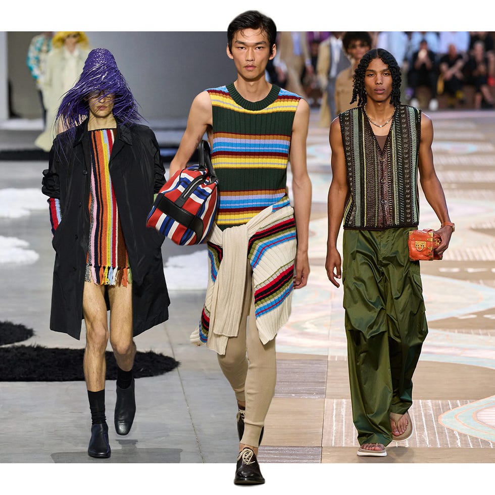 fashion runway presentation featuring diverse outfits with distinct textures and patterns