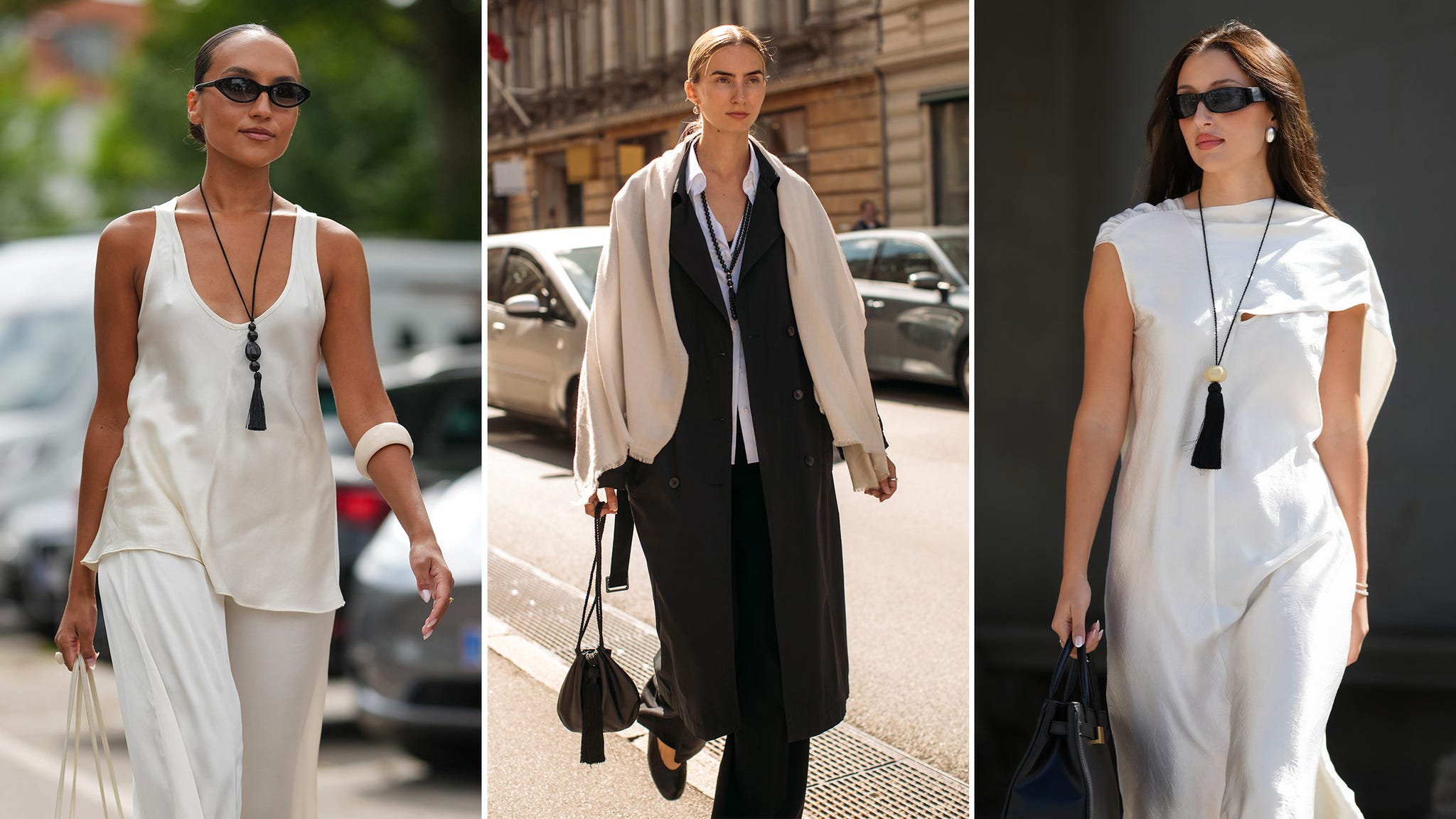 fashionable women in stylish outfits walking outdoors
