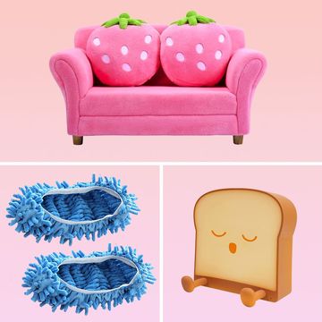 strawberry kids couch, hot dog and bun warmer, fried egg bath mat, artist knife, ramen sponge, toaster light, mop slipper socks