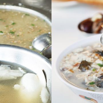 阿憨鹹粥汆燙魚腸滋味鮮美，鹹粥傳承了半粥料理方式，搭配油條來吃特別有古早味。