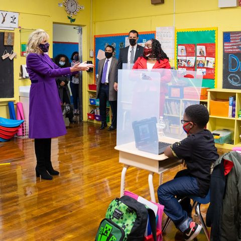 first lady jill biden greets second grade students monday, march 15, 2021, during her tour at the samuel smith elementary school in burlington, new jersey official white house photo by cameron smith