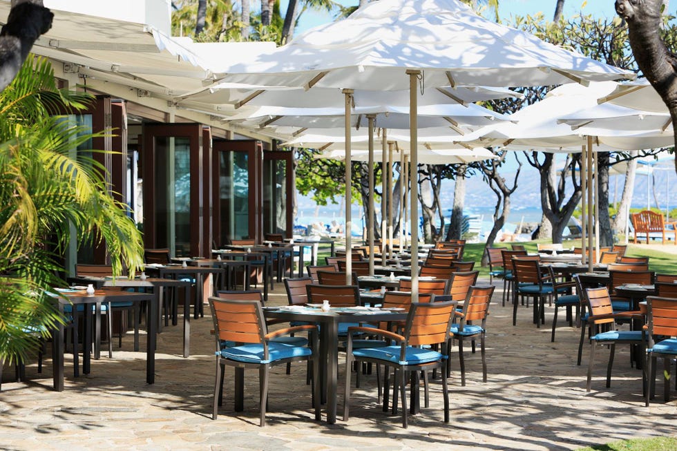 Restaurant, Table, Outdoor table, Building, Tree, Vacation, Patio, Furniture, Leisure, Real estate, 