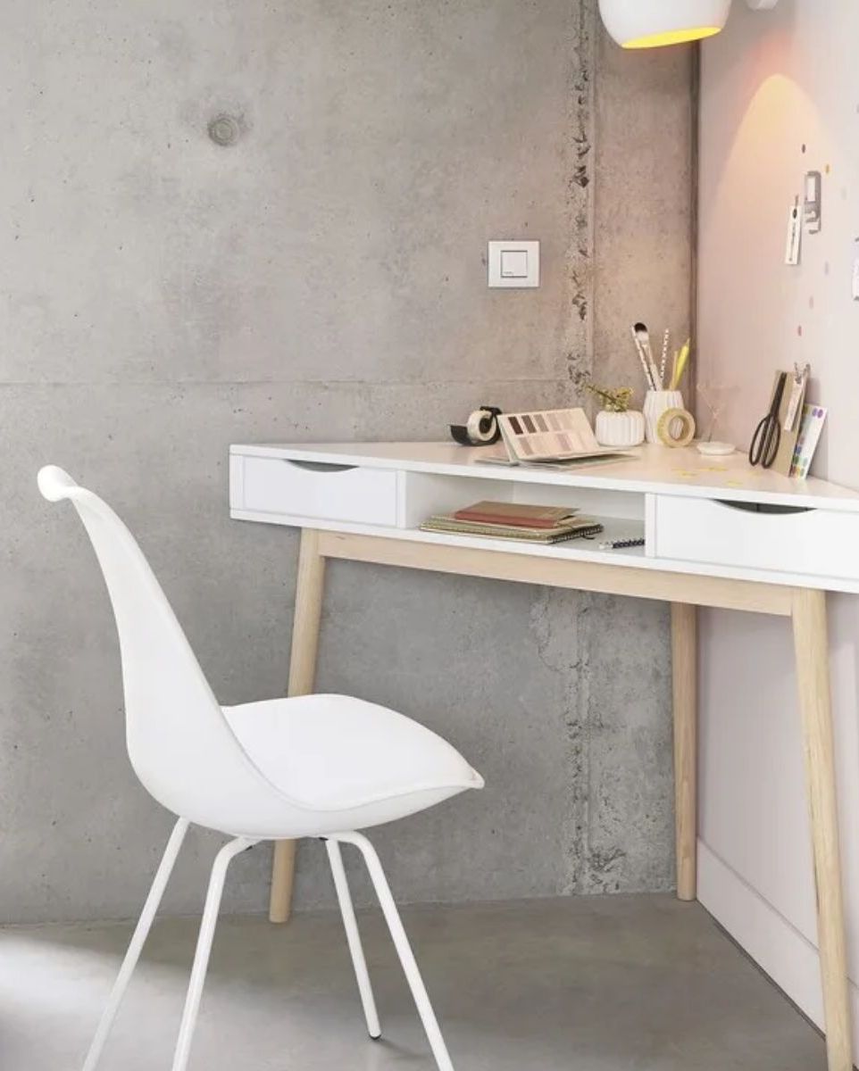 Escritorio esquinero para espacio pequeño, escritorio de esquina de madera,  mesa de escritura compacta con cajón y estantes de almacenamiento
