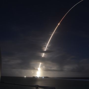 a threat representative icbm target launches from the ronald reaganballistic missile defense test site on kwajalein atoll in the republic ofthe marshall islands march 25, 2019 it was successfully intercepted by twolong range ground based interceptors launched from vandenberg air forcebase, calif, in the first salvo test of gbis