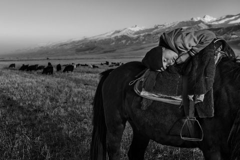 De zevenjarige zoon van een herder ligt op zijn paard terwijl hij de kudde van zijn vader in het oog houdt Kinderen rijden hier soms al paard als ze drie jaar zijn