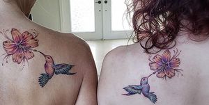 Tattoo, Hummingbird, Shoulder, Temporary tattoo, Joint, Neck, Wing, Arm, Back, Plant, 