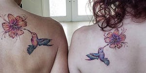 Tattoo, Hummingbird, Shoulder, Temporary tattoo, Joint, Neck, Wing, Arm, Back, Plant, 