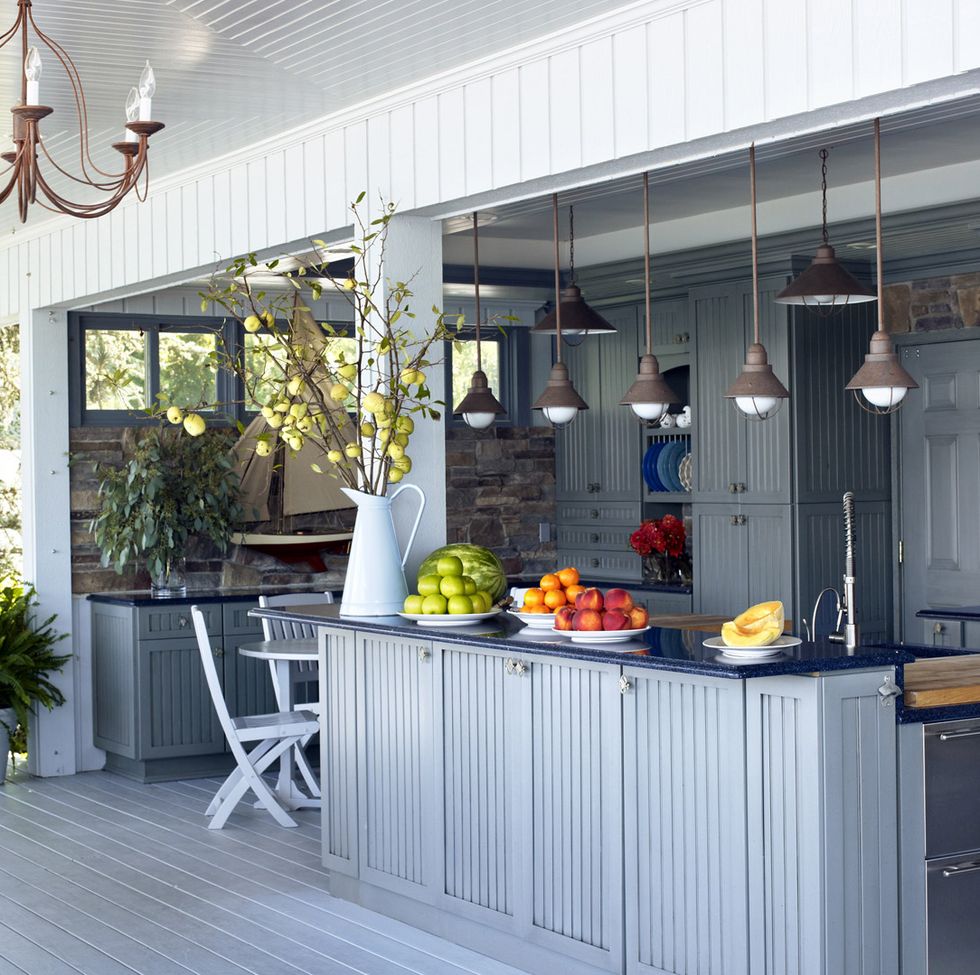 blue outdoor kitchen, storage