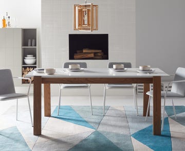 Furniture, Room, Table, Desk, Interior design, Coffee table, Chair, Dining room, Material property, Marble, 