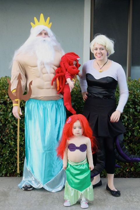 'the little mermaid' family halloween costume, including king triton, ursula, ariel and sebastian the crab