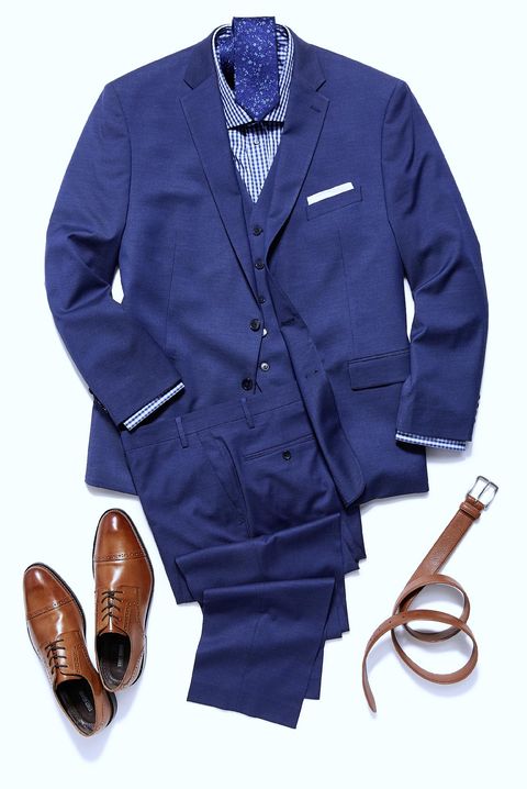 Suit, Clothing, Blue, Outerwear, Formal wear, Button, Footwear, Jacket, Blazer, Electric blue, 