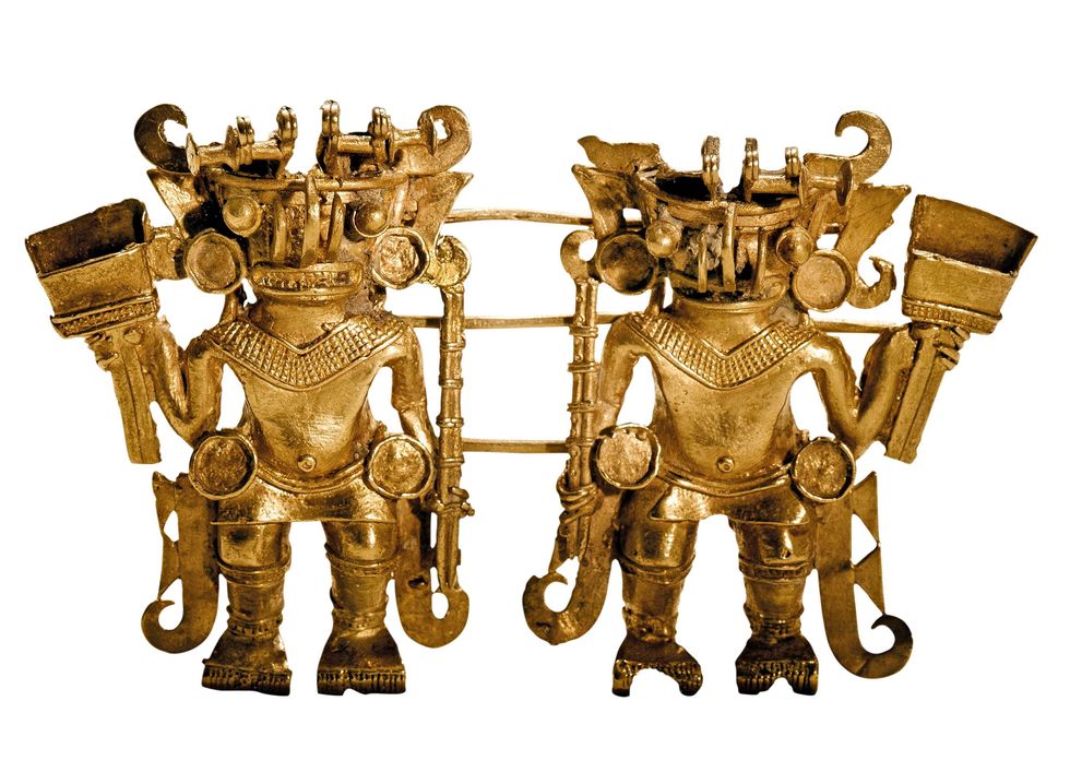 DubbelfiguurMogelijk zijn hier twee adellijke krijgers afgebeeld met maskers oorversieringen en halssieraden Vervaardigd vantumbaga een legering van goud en koper die veel werd toegepast in het precolumbiaanseAmerika