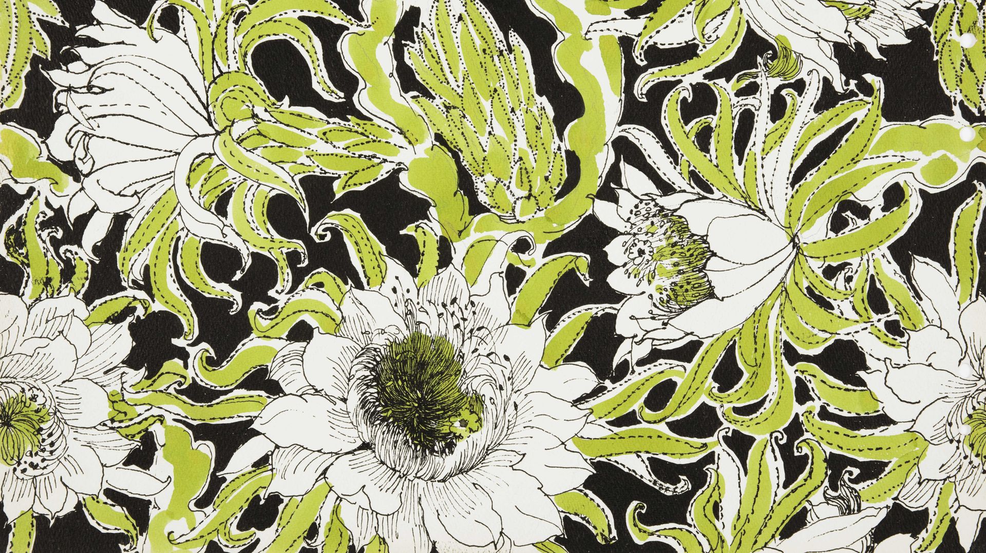 green and white floral with black background