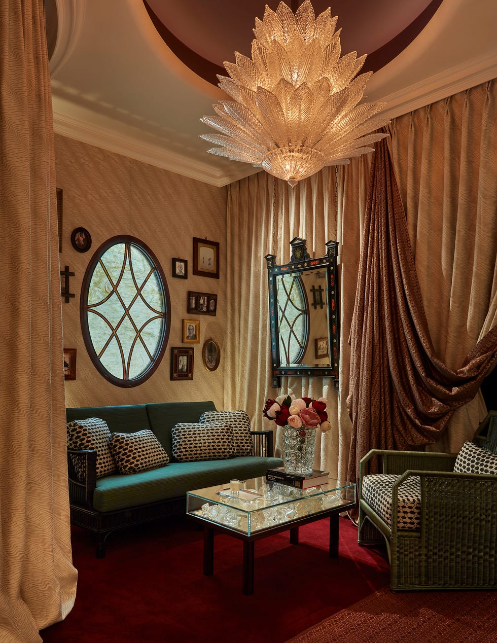 A cozy living room with elegant furnishings and decor.