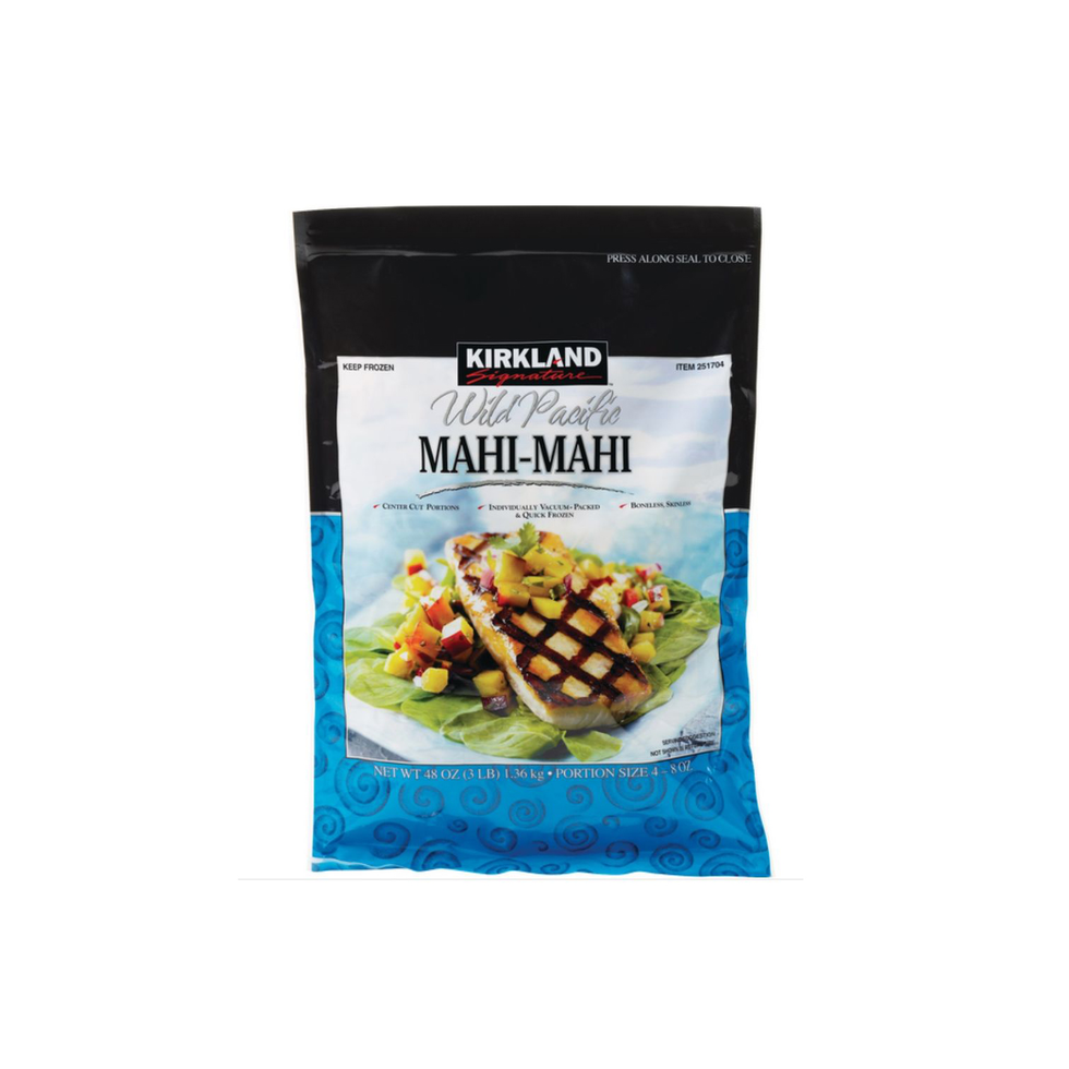 frozen package of kirkland signature wild pacific mahimahi