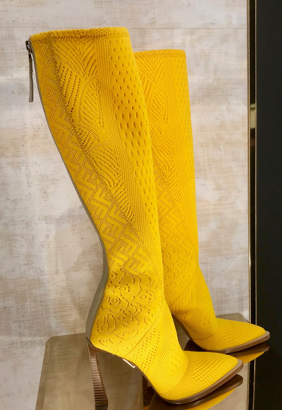 Yellow, Footwear, Knitting, Wool, Textile, Fashion accessory, Shoe, Boot, Art, 