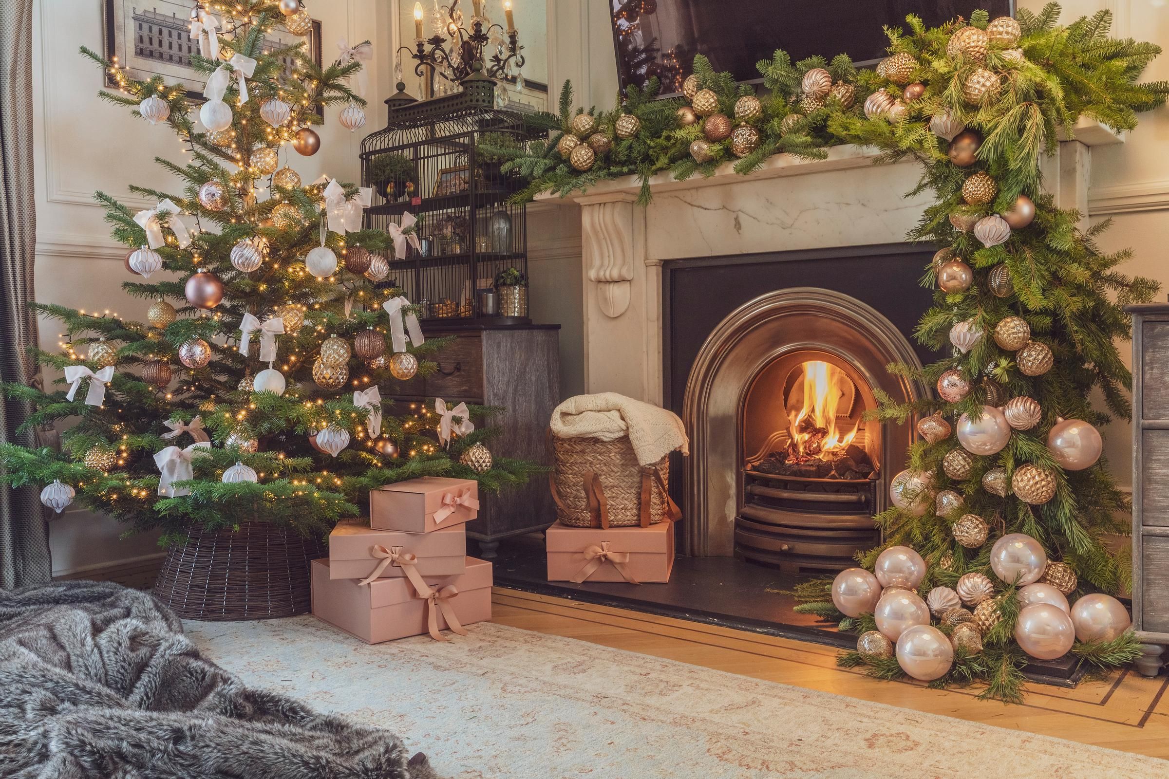Pink Gold and Grey London Manor Christmas Village Mantle House 