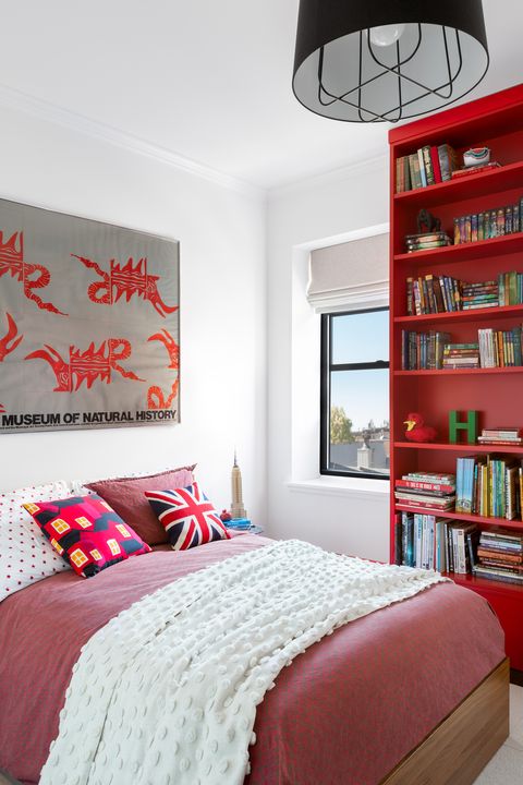 red duvet, red bookshelf, rug throw,