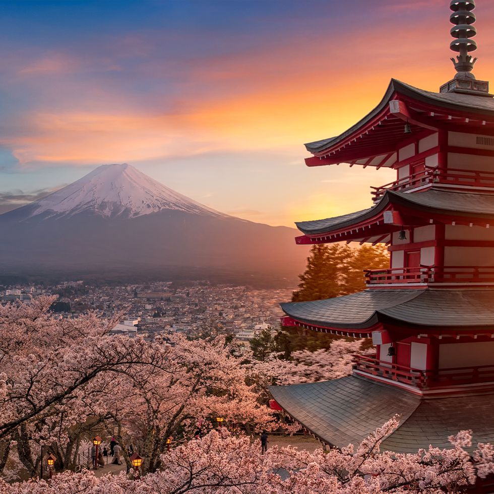 beautiful view of mountain fuji and chureito pagoda at sunset, japan in the spring with cherry blossoms, fujiyoshida, japan