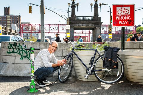 Actor Michael Kelly photographed with his Brilliant bike on September 25, 2019 in the Lower East Side in New York City.
