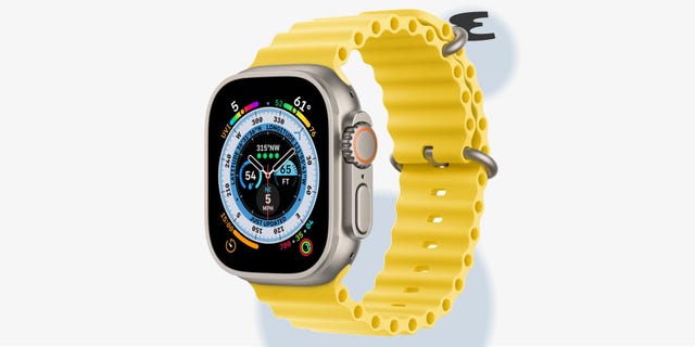 smartwatch with a colorful display and yellow band