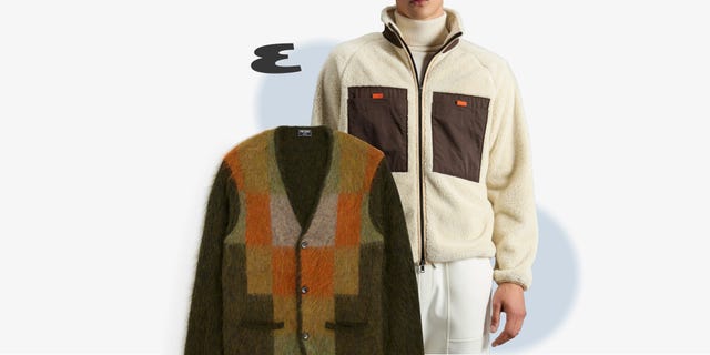 mens winter fashion featuring a fuzzy jacket and a colorful cardigan