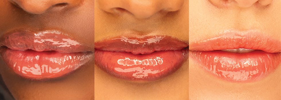 three sets of lips showcasing different shades of lip gloss