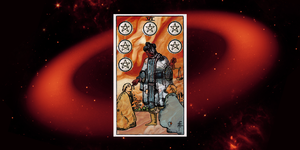 six of pentacles tarot card over a red and black space themed background