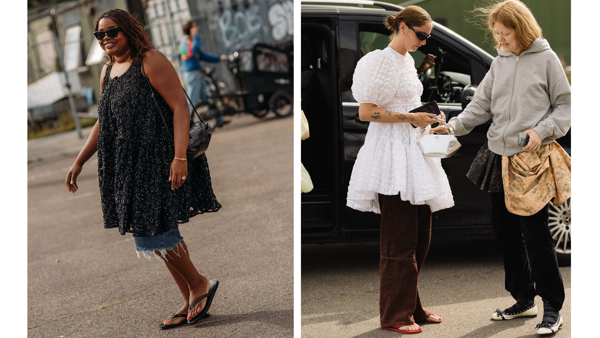 women in dresses over pants