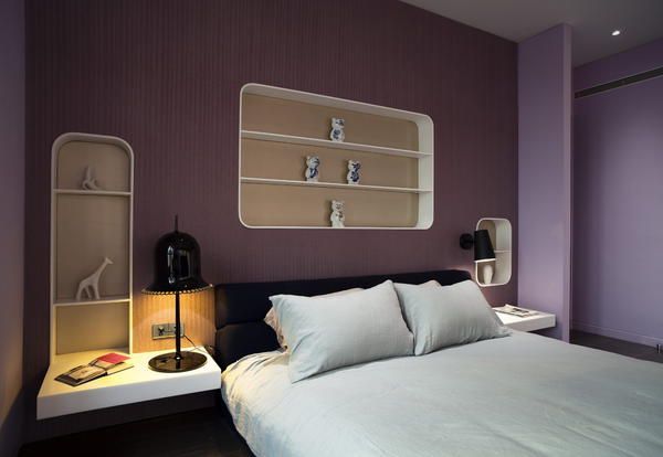 Bedroom, Room, Furniture, Interior design, Bed, Wall, Bed frame, Property, Bed sheet, Purple, 