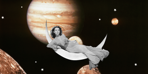 a woman lounges on a crescent moon with various planets in the sky behind her