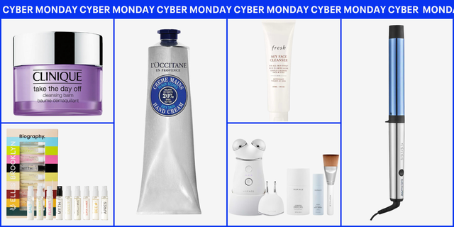a selection of beauty and skincare products with a promotional banner for cyber monday