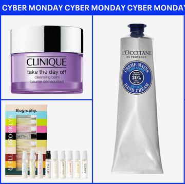 a selection of beauty and skincare products with a promotional banner for cyber monday a selection of beauty and skincare products with a promotional banner for cyber monday