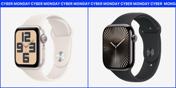 two smartwatches displayed side by side one with a beige face and a light band the other with a dark face and a black band