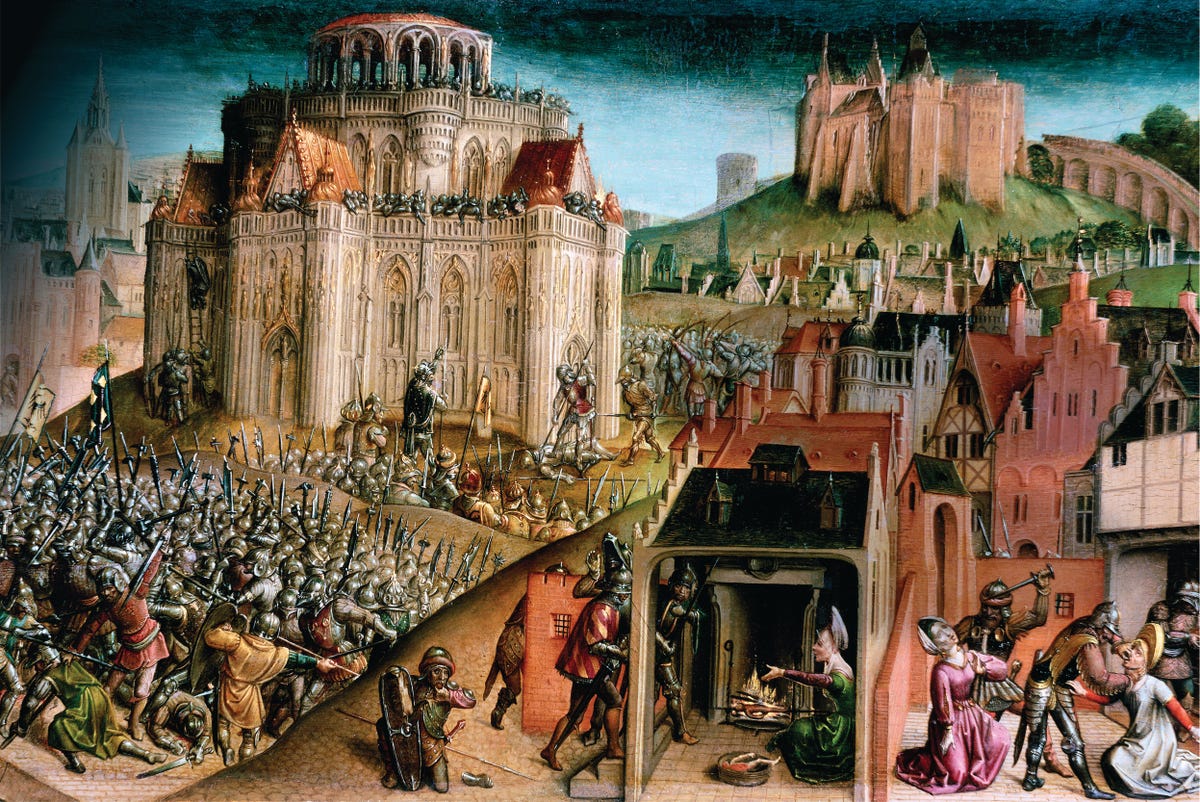 De verovering van Jeruzalem In 1099 veroverden kruisvaarders Jeruzalem een belangrijkegebeurtenis zoals afgebeeld op dit 15deeeuwse schilderij Er werden kruisvaardersstaten opgericht om het Heilige Land te verdedigen Vlaamse school MSK Gent