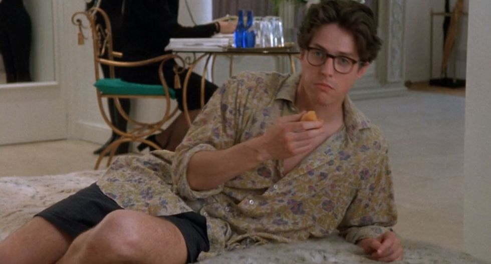 hugh grant in an oversized floral shirt in four weddings and a funeral﻿