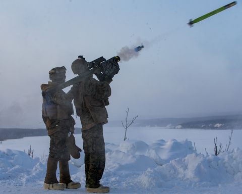lance cpl dayton a rojas left and lance cpl japree i rhett, low altitude air defense gunners both with 2nd low altitude air defense battalion, marine air control group 28, fire an fim 92 stinger missile during us northern command exercise arctic edge 20 in fort greely, alaska, march 4, 2020 ae20 enables marines to quickly identify threats in the arctic, respond promptly and effectively, and shape security to mitigate future threats us marine corps photo by lance cpl elias e pimentel iii