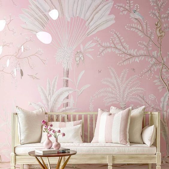 Pink, Wallpaper, Room, Wall, Furniture, Interior design, Feather, Interior design, Magenta, Tree, 