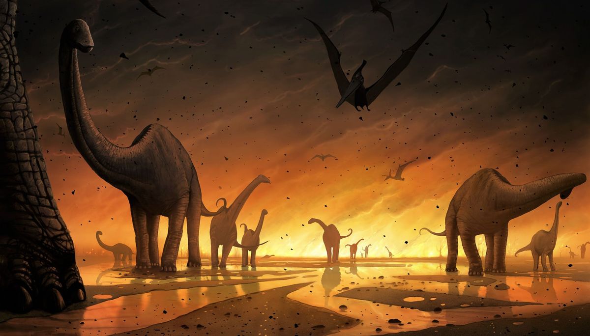 Illustratie van dinosaurirs die proberen te ontsnappen aan de inslag van een meteoriet