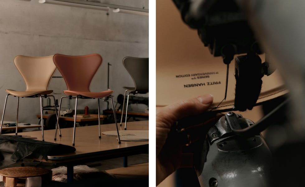 Display of three stylish chairs and a sewing process for a leather piece.