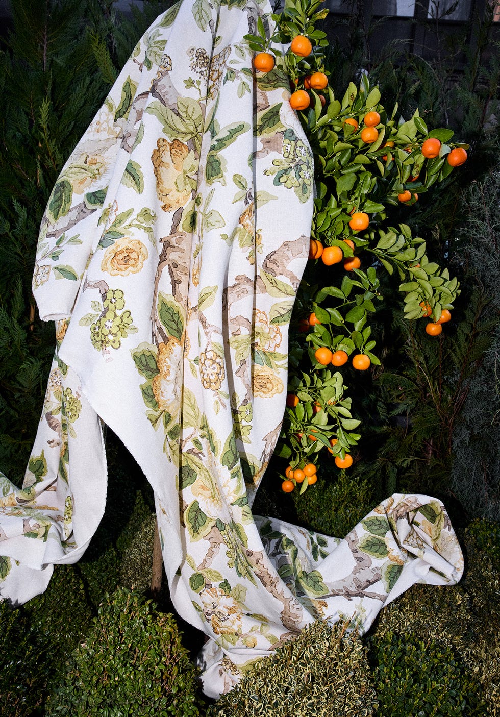 Textile with floral pattern juxtaposed against greenery and fruits.