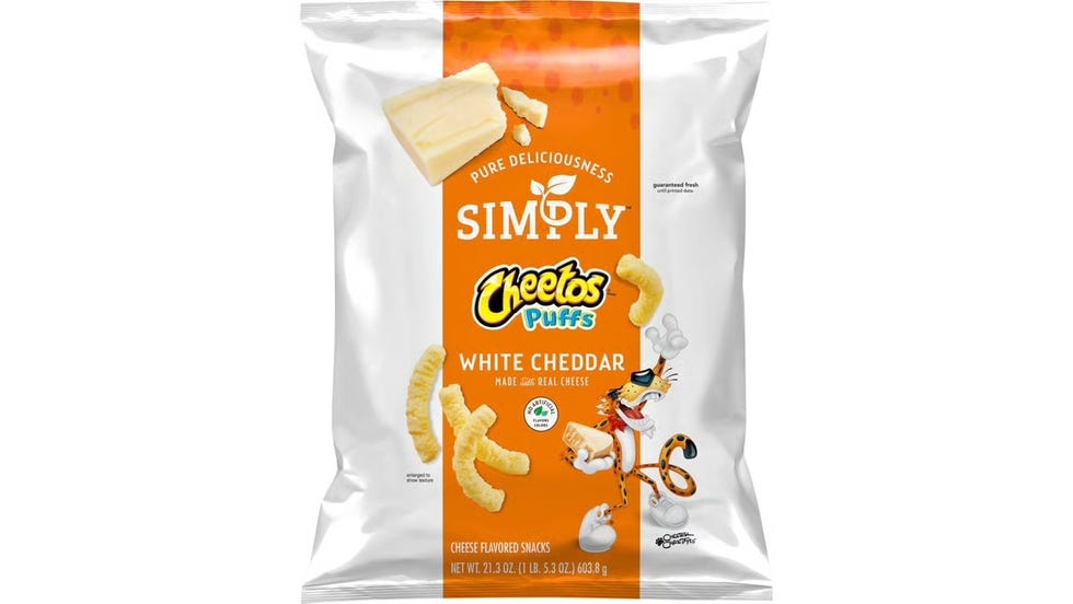 packaging for simply cheetos puffs in white cheddar flavor