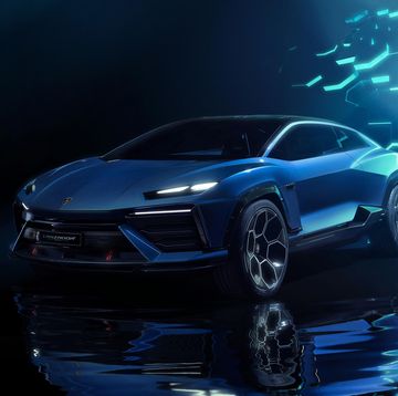 2028 lamborghini lanzador in blue paint with studio photography background behind it