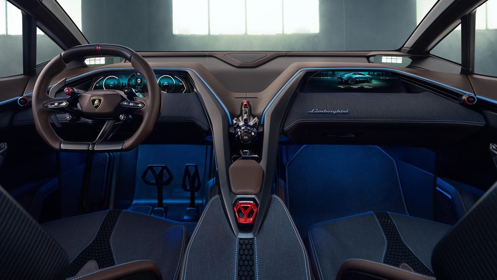 2028 Lamborghini Lanzador interior with blue accents and a space-age steering wheel
