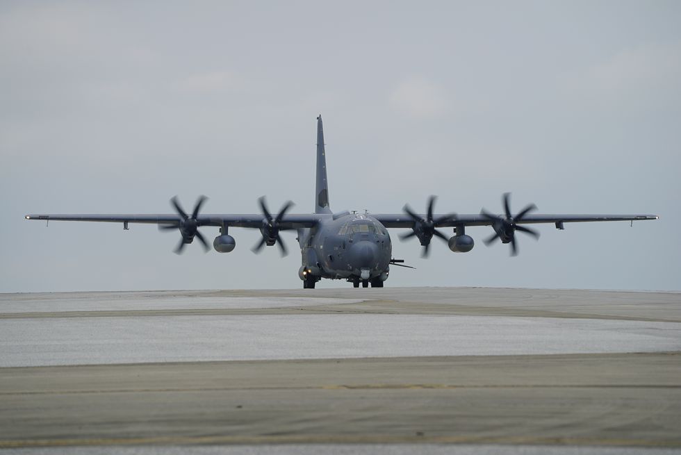 an ac 130j ghostrider gunship taxis to its final parking location on kadena air base on march 29, 2021 regularly stationed at hurlburt field, florida, this is the first time the updated j model of the ac 130 has landed or operated in japan